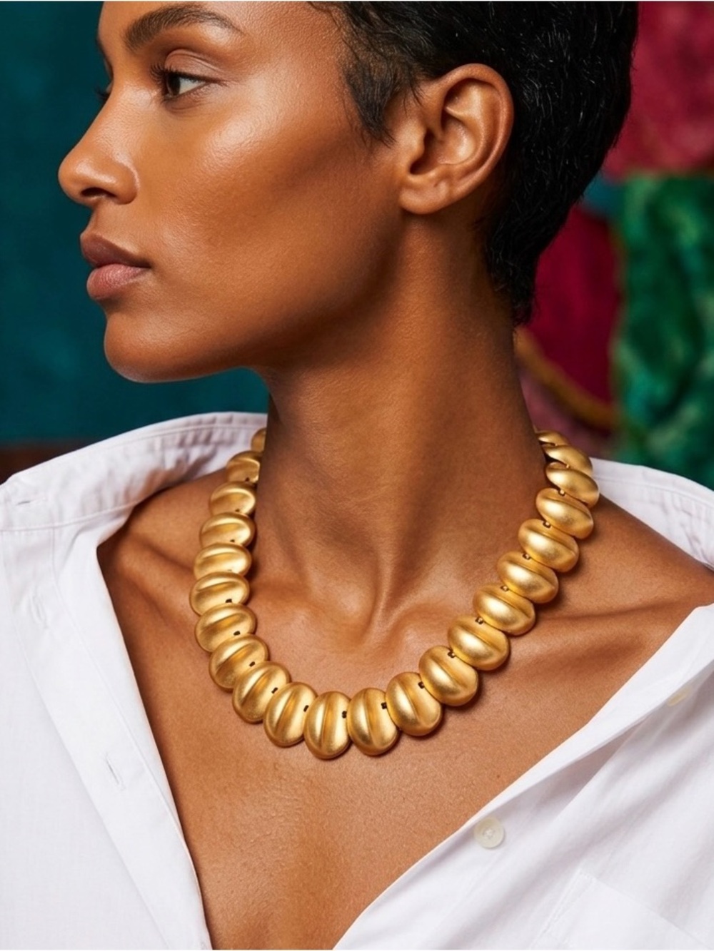 Vintage Anne Klein Chunky Matte Gold Ribbed Link Statement Necklace